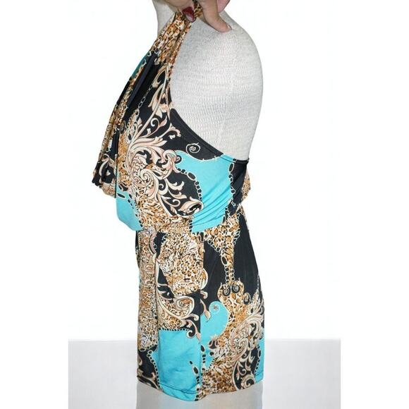 Vintage Halter Romper Leopard Baroque Print Aqua Black Gold – Made in USA – Smal - Picture 5 of 7